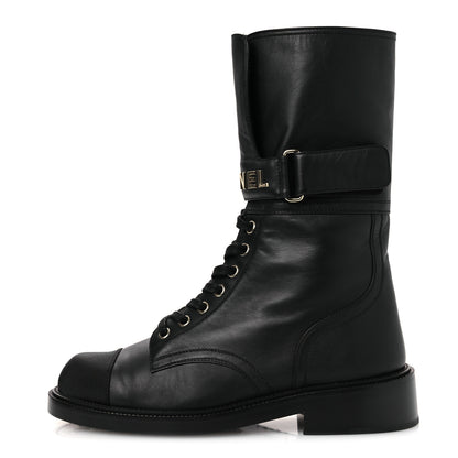 Chanel Calfskin Grosgrain Lace Up Combat Boots 38.5 Black 1 of 12