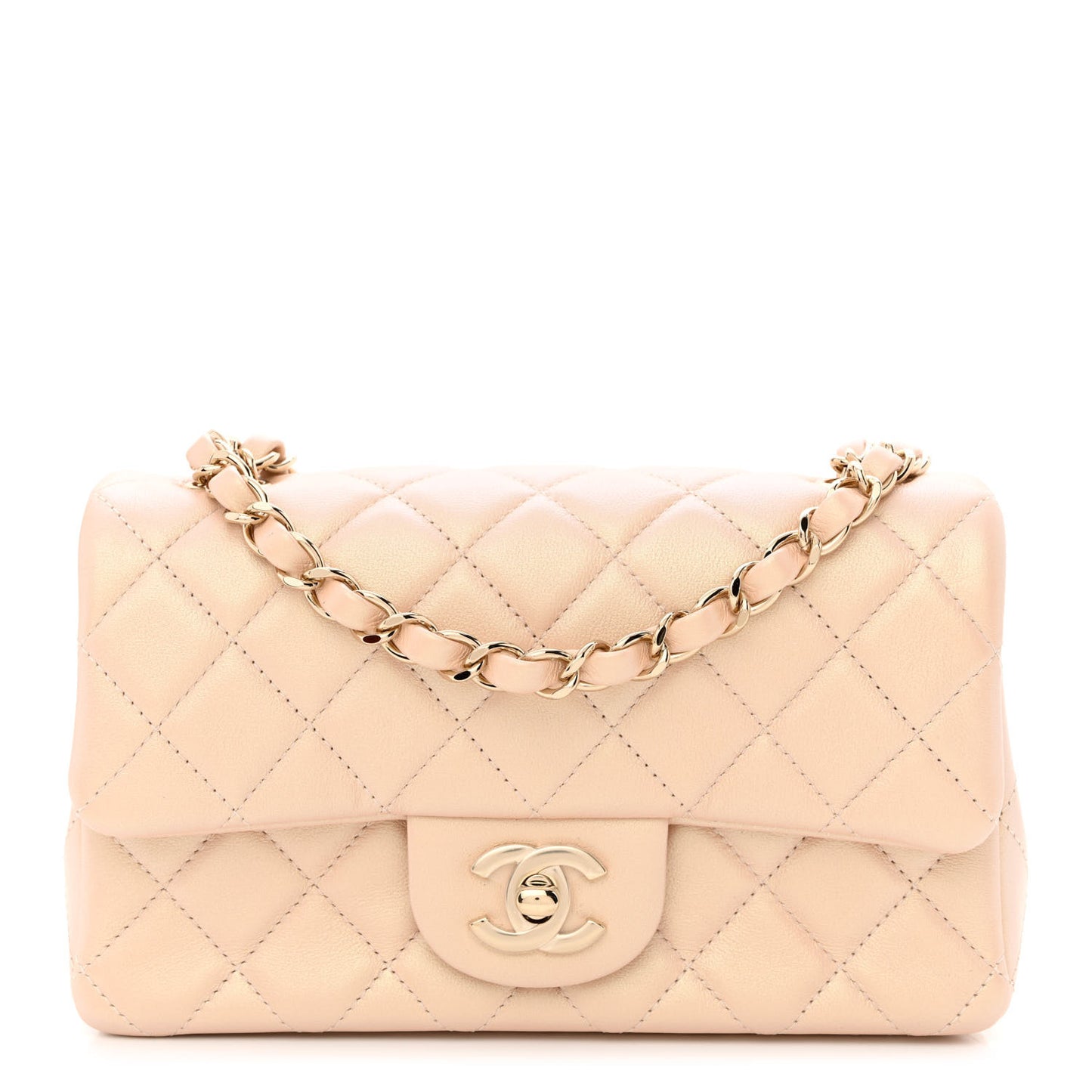 Iridescent Calfskin Quilted Mini Rectangular Flap Beige