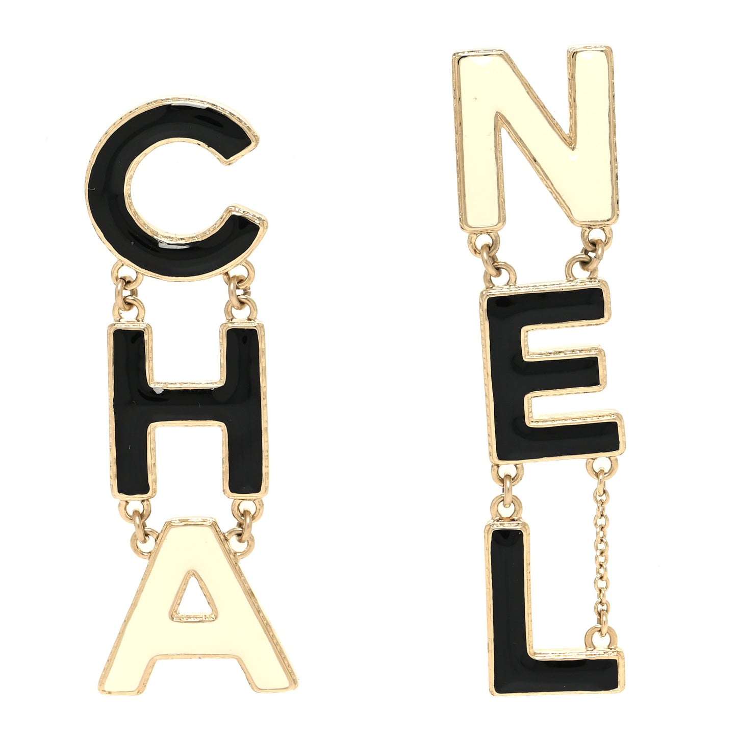 Metal Enamel Cha-Nel Logo Drop Earrings Black White