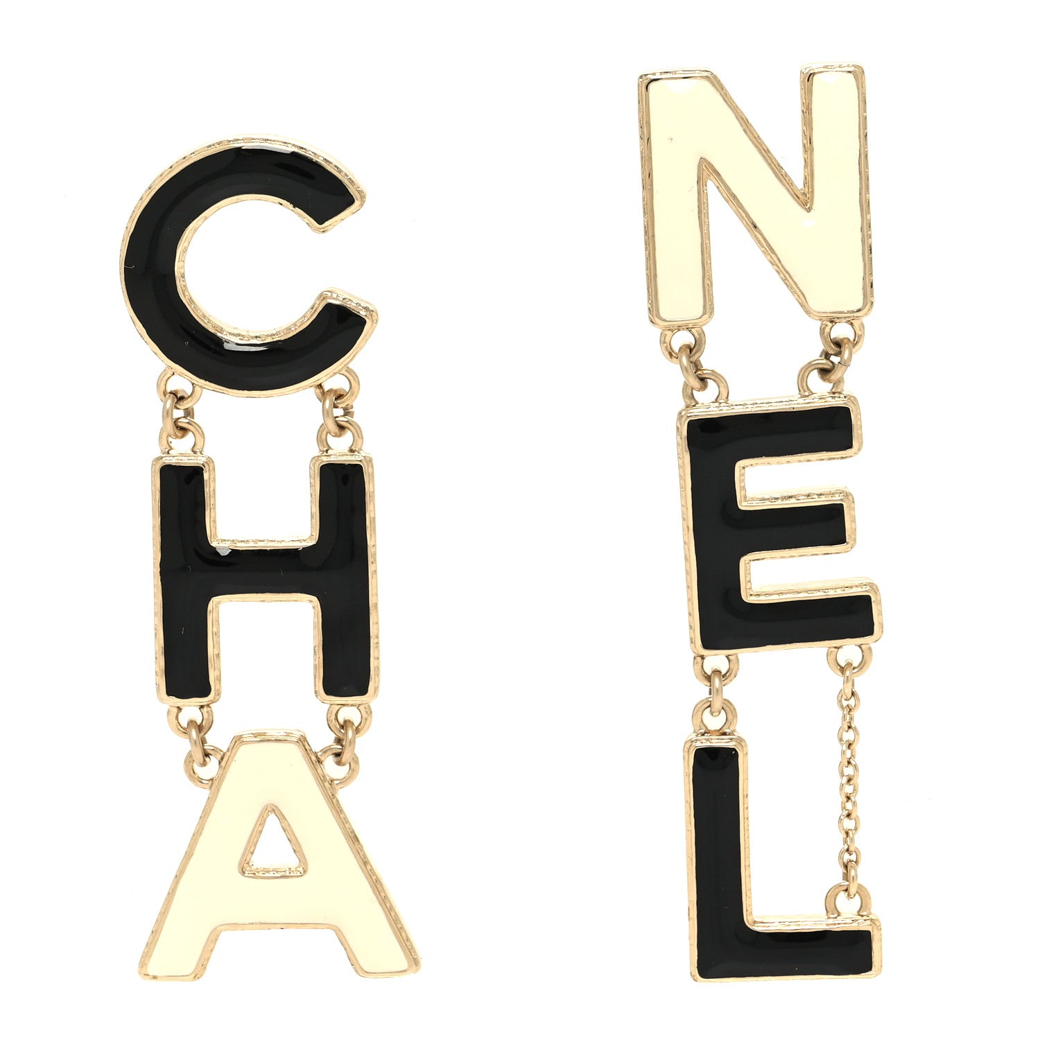 Chanel Metal Enamel Cha-Nel Logo Drop Earrings Black White 1 of 5