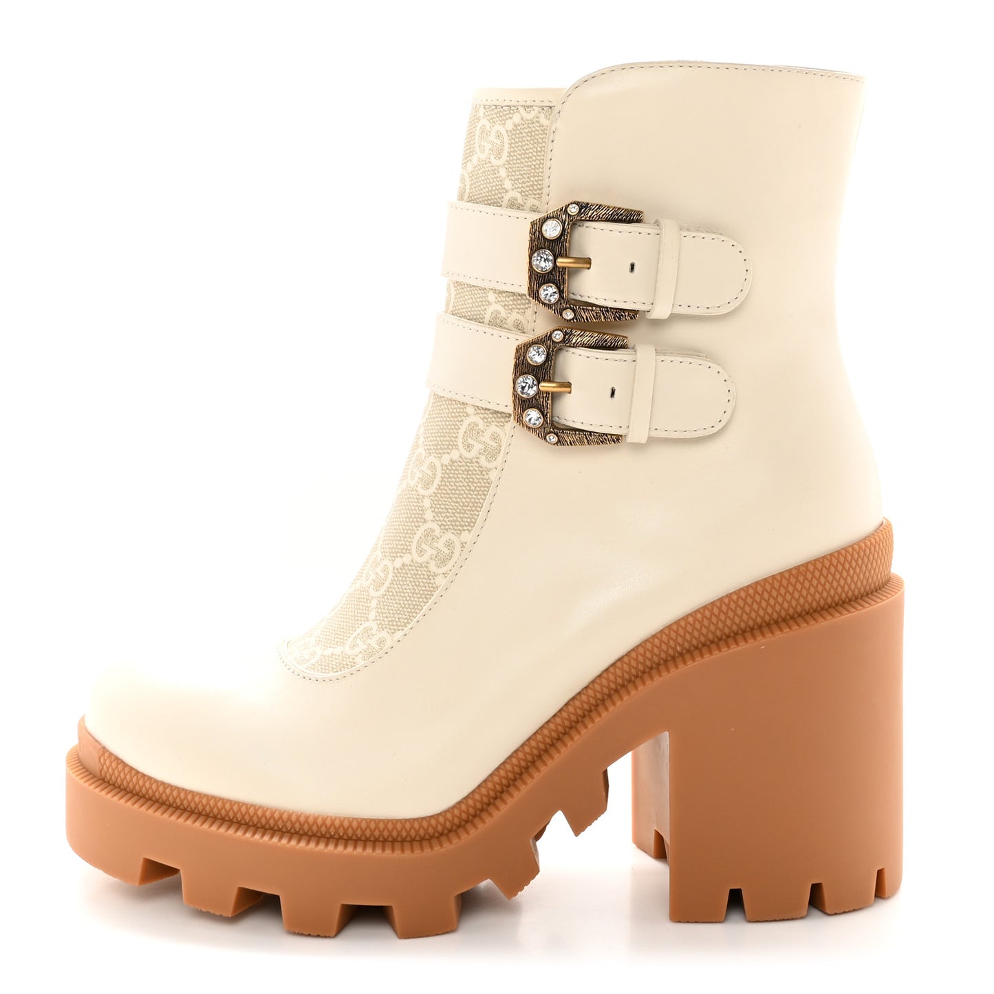 Kensington Calfskin Nappa GG Supreme Monogram Womens Double Buckle Ankle Boots 36.5 Mystic White Beige