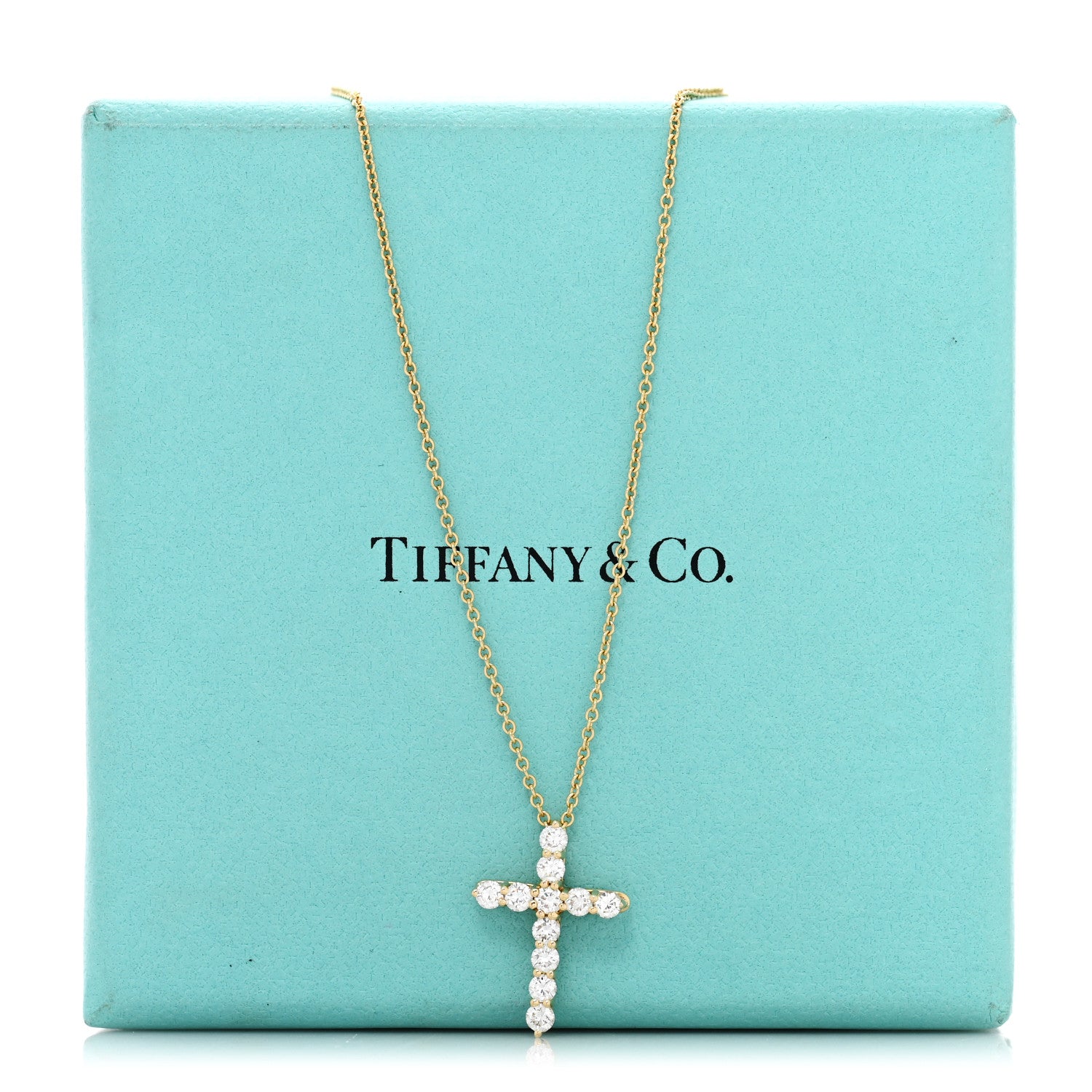 Tiffany 18K Yellow Gold Diamond Small Cross Pendant Necklace