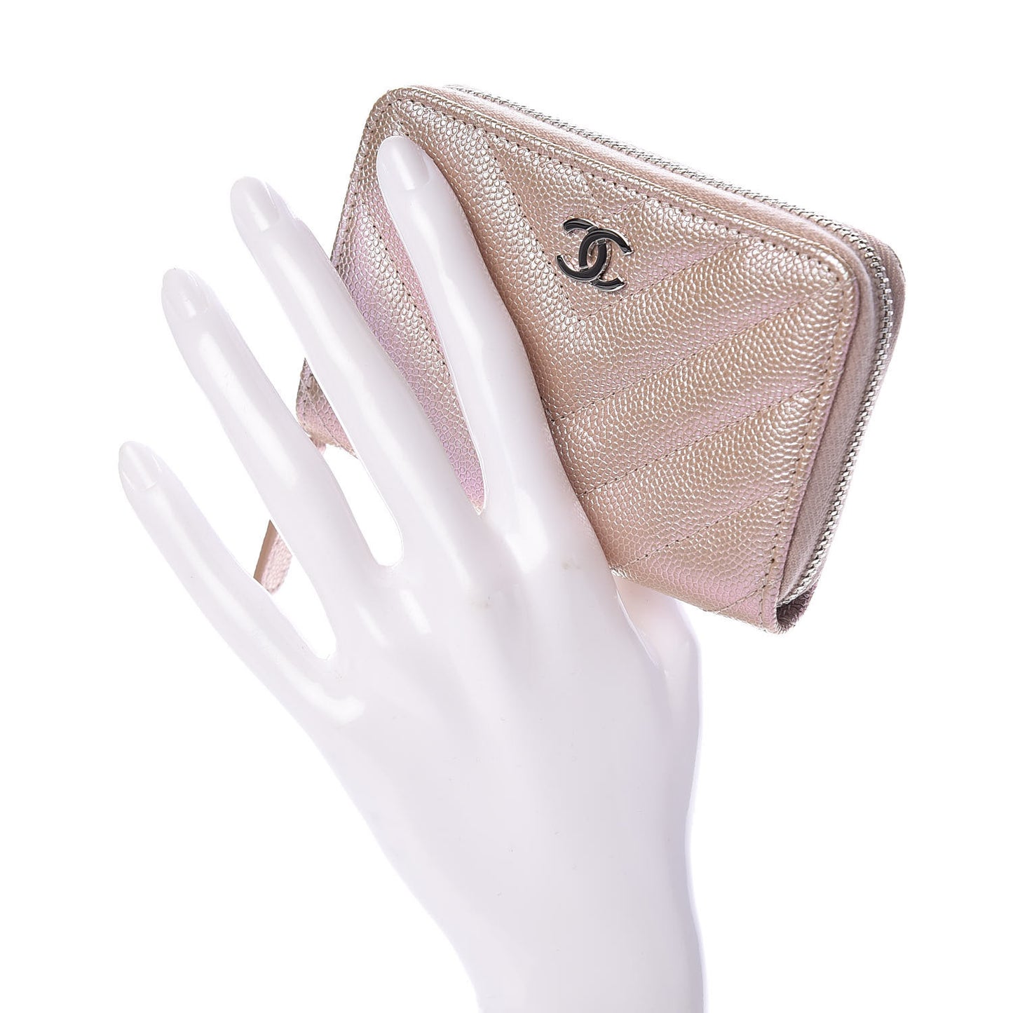 Metallic Caviar Chevron Quilted Zip Around Coin Purse Light Gold
