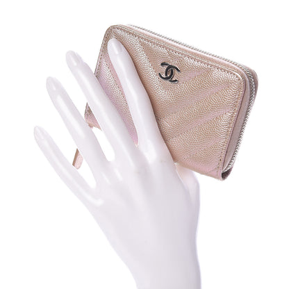 Chanel Metallic Caviar Chevron Quilted Zip Around Coin Purse Light Gold 2 of 7