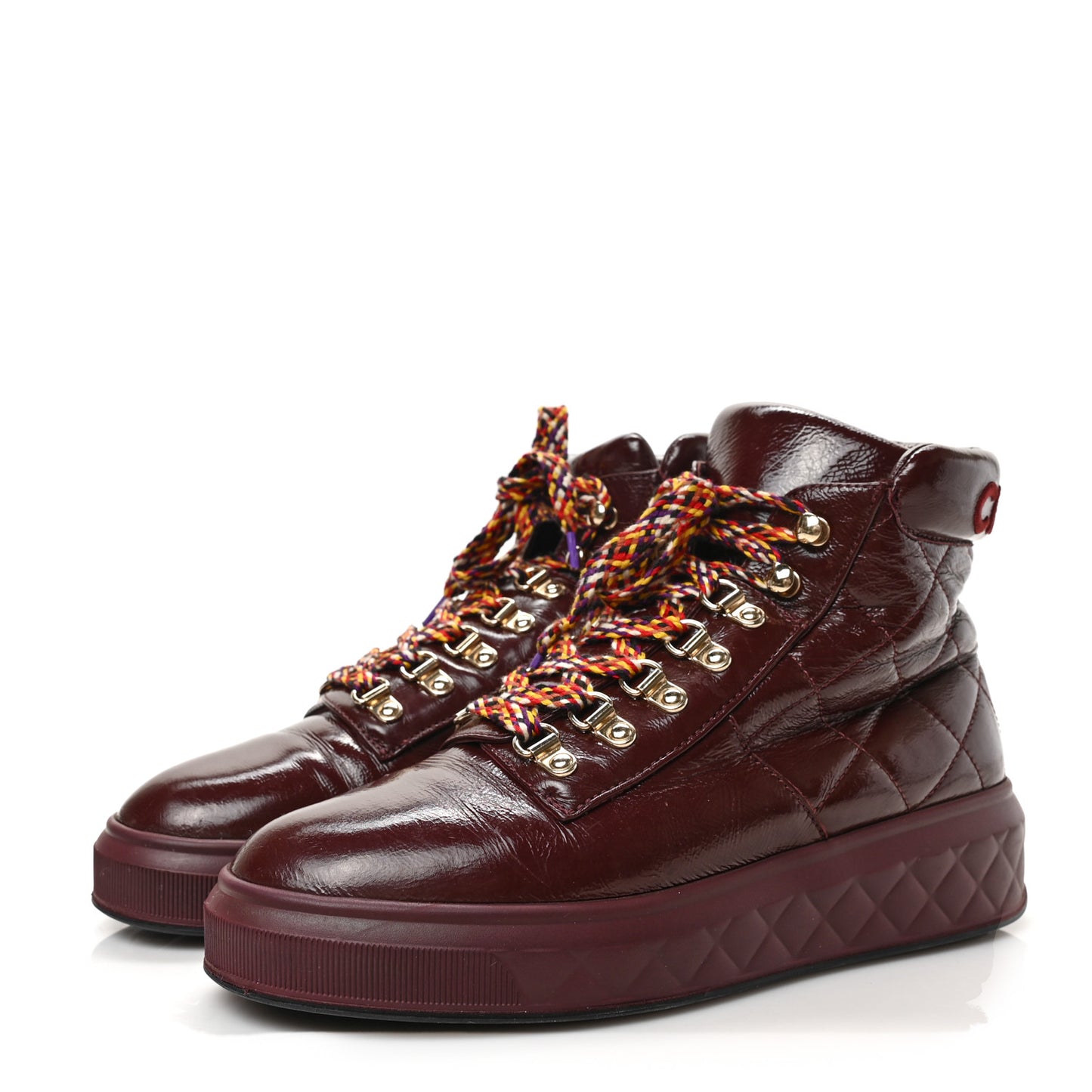 Patent Calfskin Quilted Womens High Top Sneakers 39.5 Burgundy