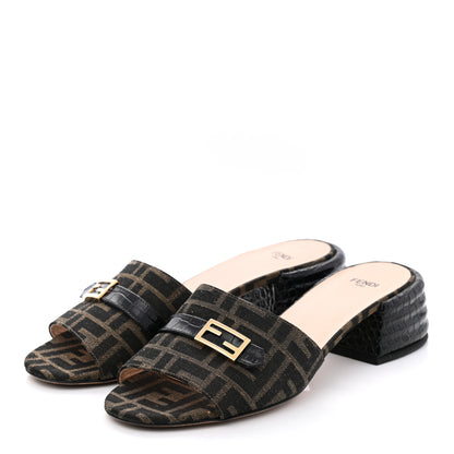 Fendi Jacquard Calfskin FF Crocodile Embossed Promenade Slide Sandals 40 Tobacco Moro Black 3 of 8