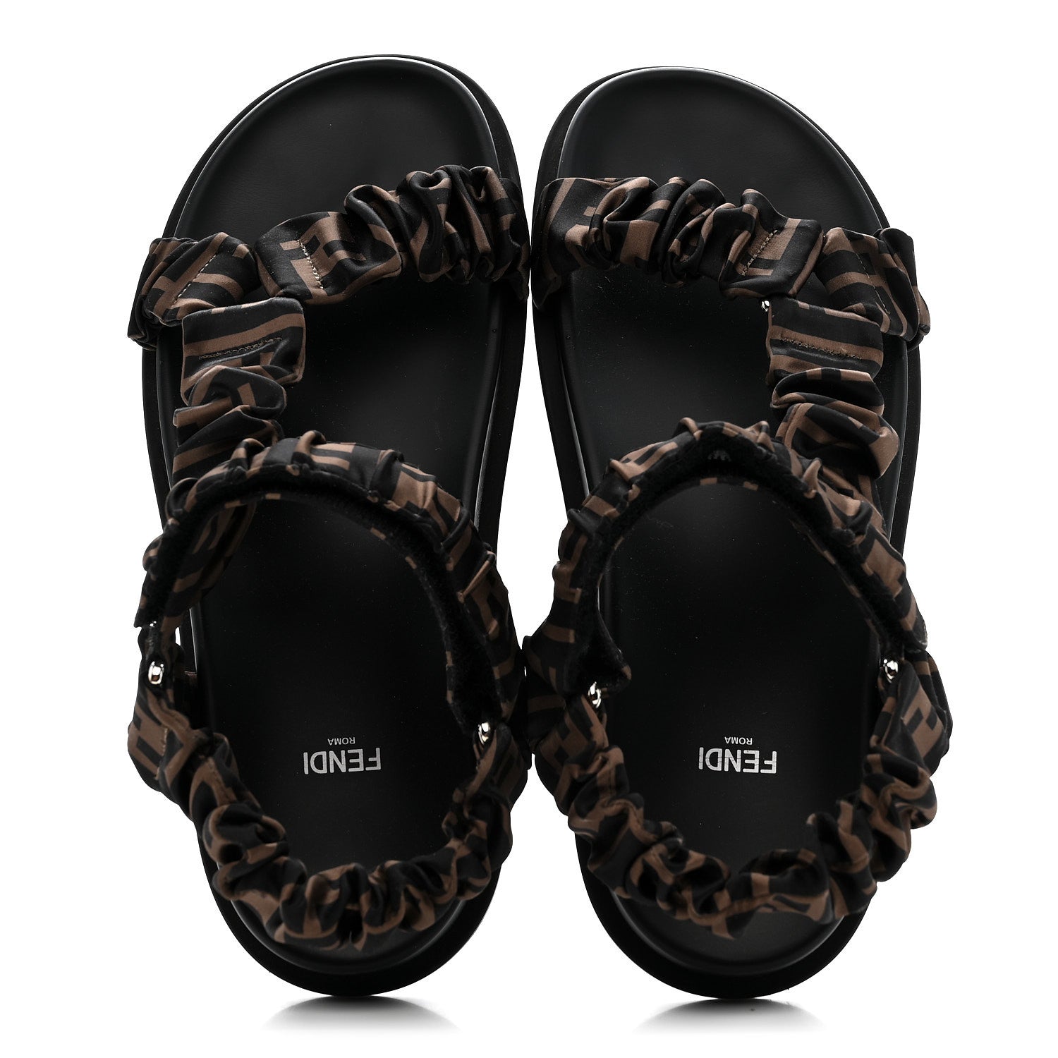Fendi Satin FF Ruched Sandals 40 Tobacco Black 2 of 9