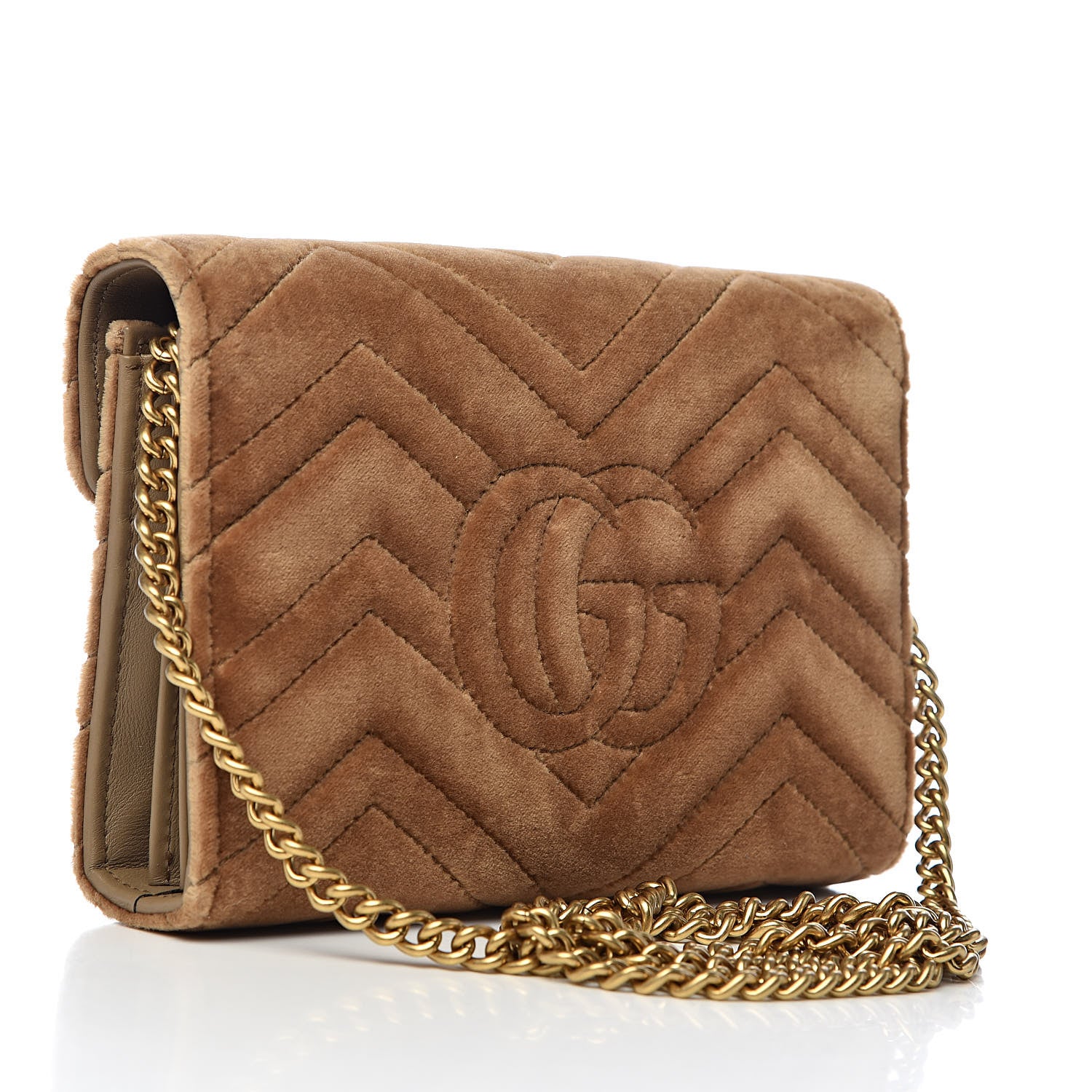 Gucci Velvet Matelasse GG Marmont Chain Wallet Taupe 3 of 12