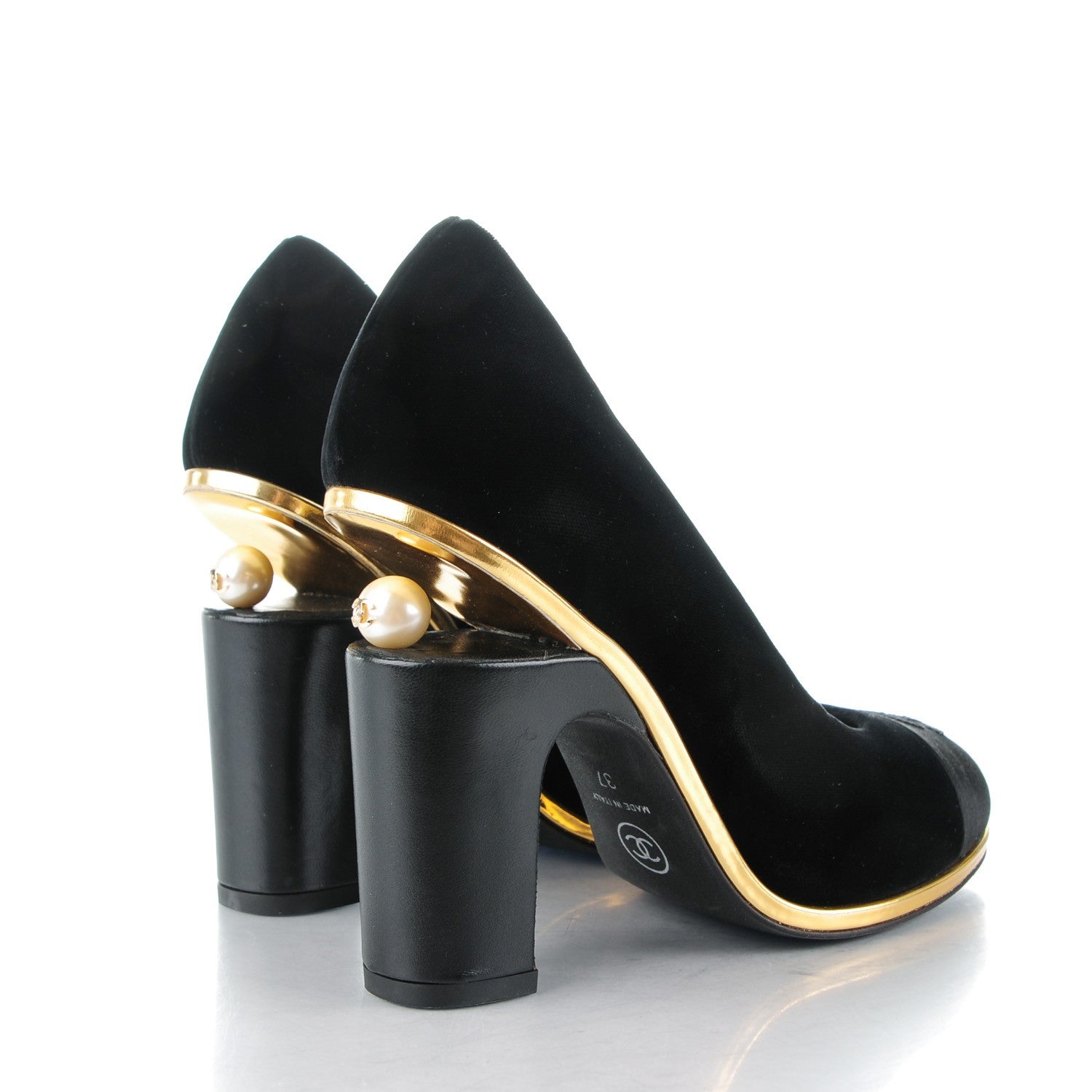 Chanel Velvet Satin Cap Toe Pearl Pumps 37 Black 4 of 8