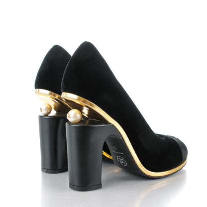 Chanel Velvet Satin Cap Toe Pearl Pumps 37 Black 4 of 8