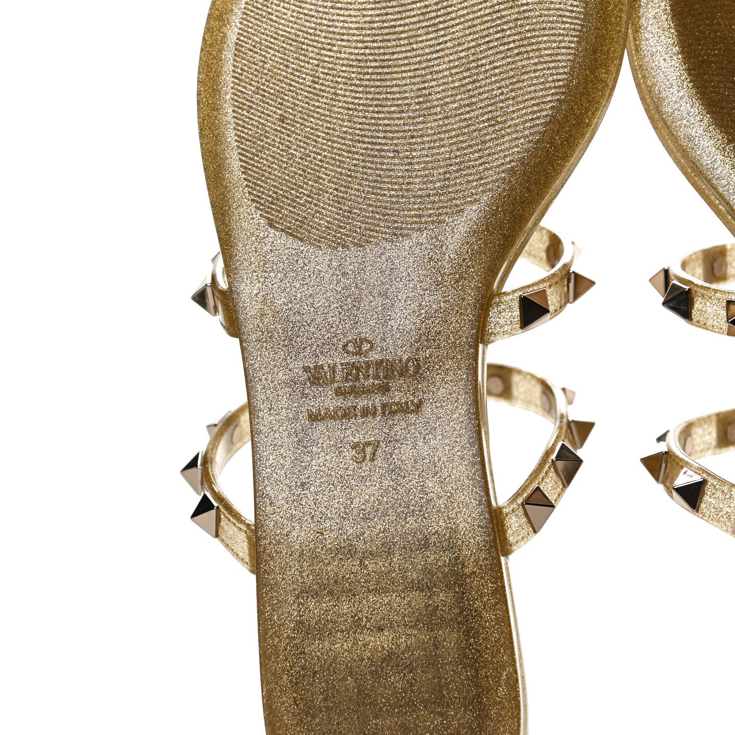 Valentino Garavani PVC Jelly Glitter Rockstud Caged Flat Thong Sandals 37 Oro 5 of 14