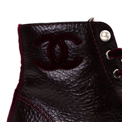Chanel Calfskin Velvet Pearl Combat Short Boots 42 Burgundy 27 of 30