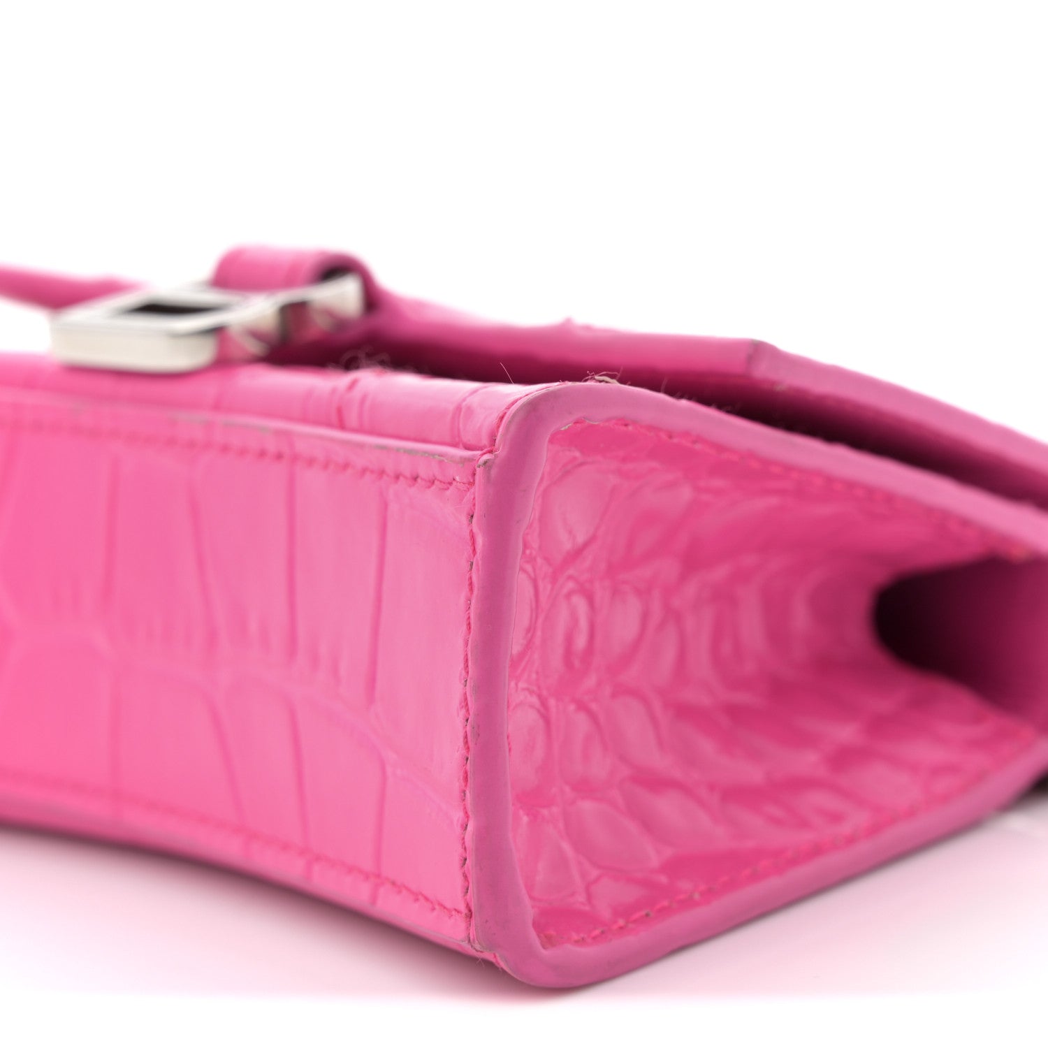 Balenciaga Shiny Calfskin Crocodile Embossed Hourglass Top Handle Bag Mini with Chain Neon Pink 10 of 13