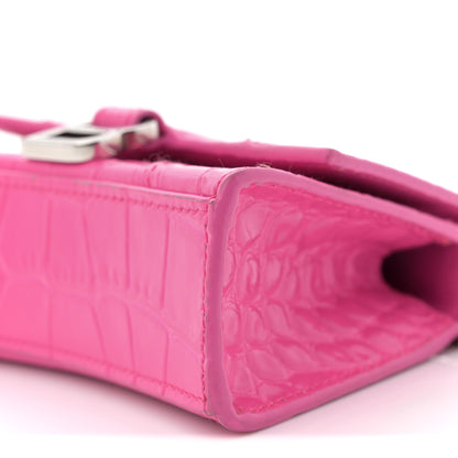 Balenciaga Shiny Calfskin Crocodile Embossed Hourglass Top Handle Bag Mini with Chain Neon Pink 10 of 13