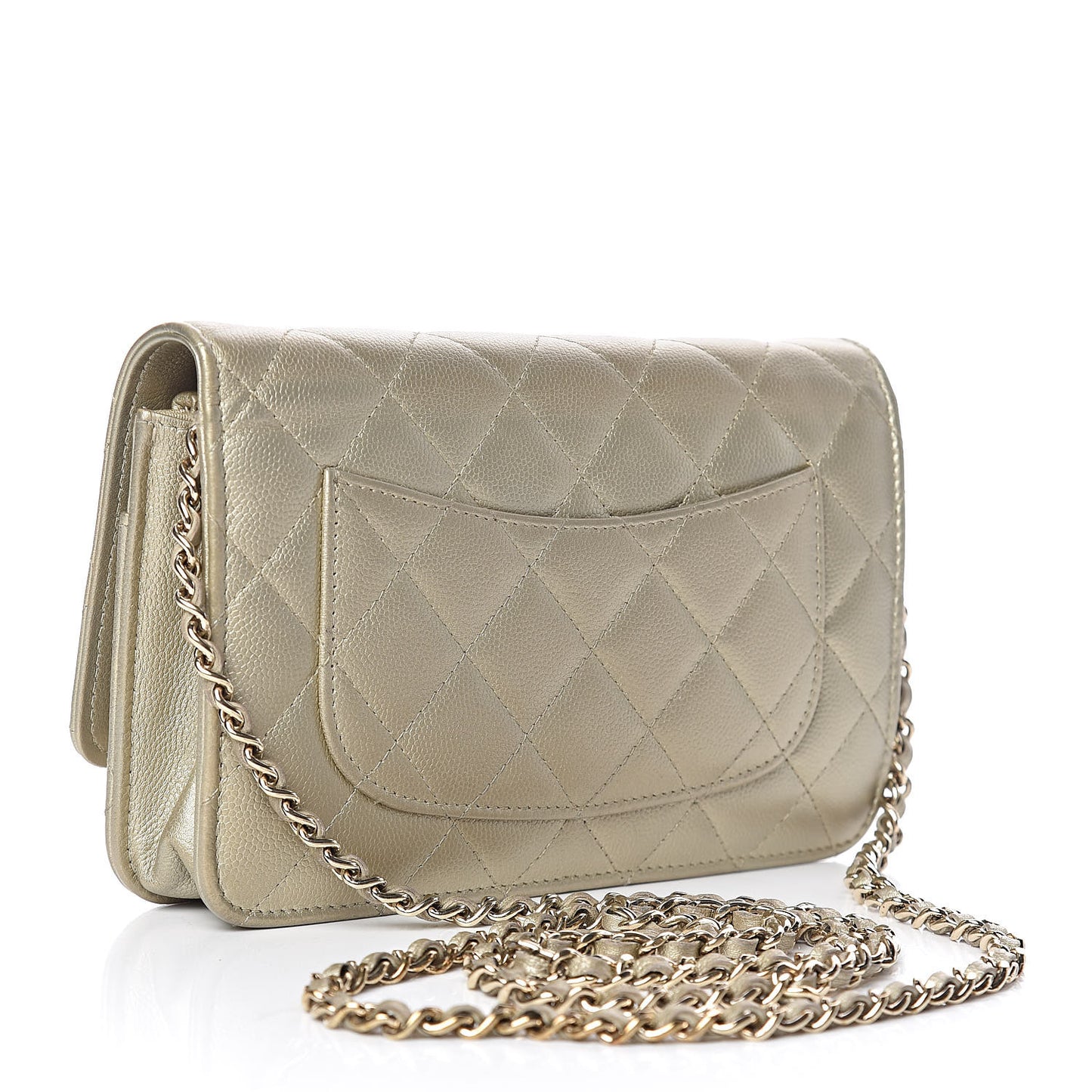Pearly Caviar Quilted Wallet On Chain WOC Light Gold