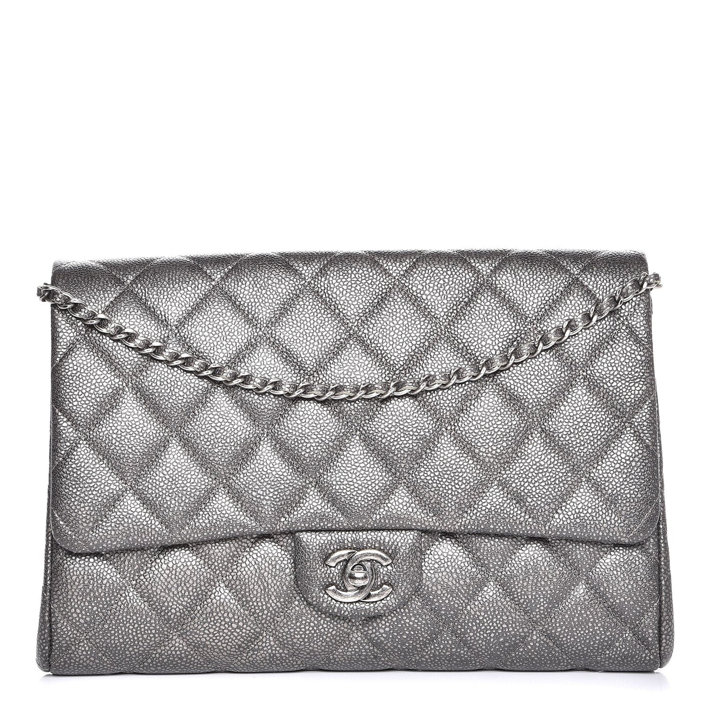 Metallic Caviar Quilted Clutch With Chain Flap Dark Silver