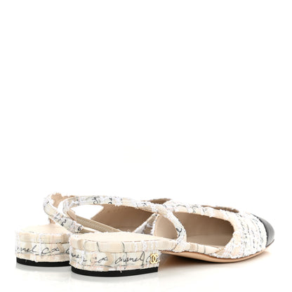 Chanel Tweed Lambskin Cap Toe CC Slingback Flat 40 Light Pink Beige Ecru Black 4 of 9