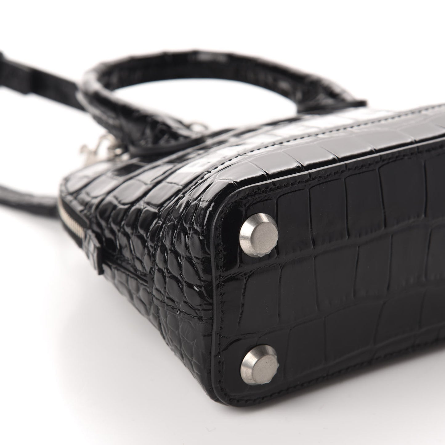 Shiny Calfskin Logo Crocodile Embossed XXS Ville Top Handle Bag Black White