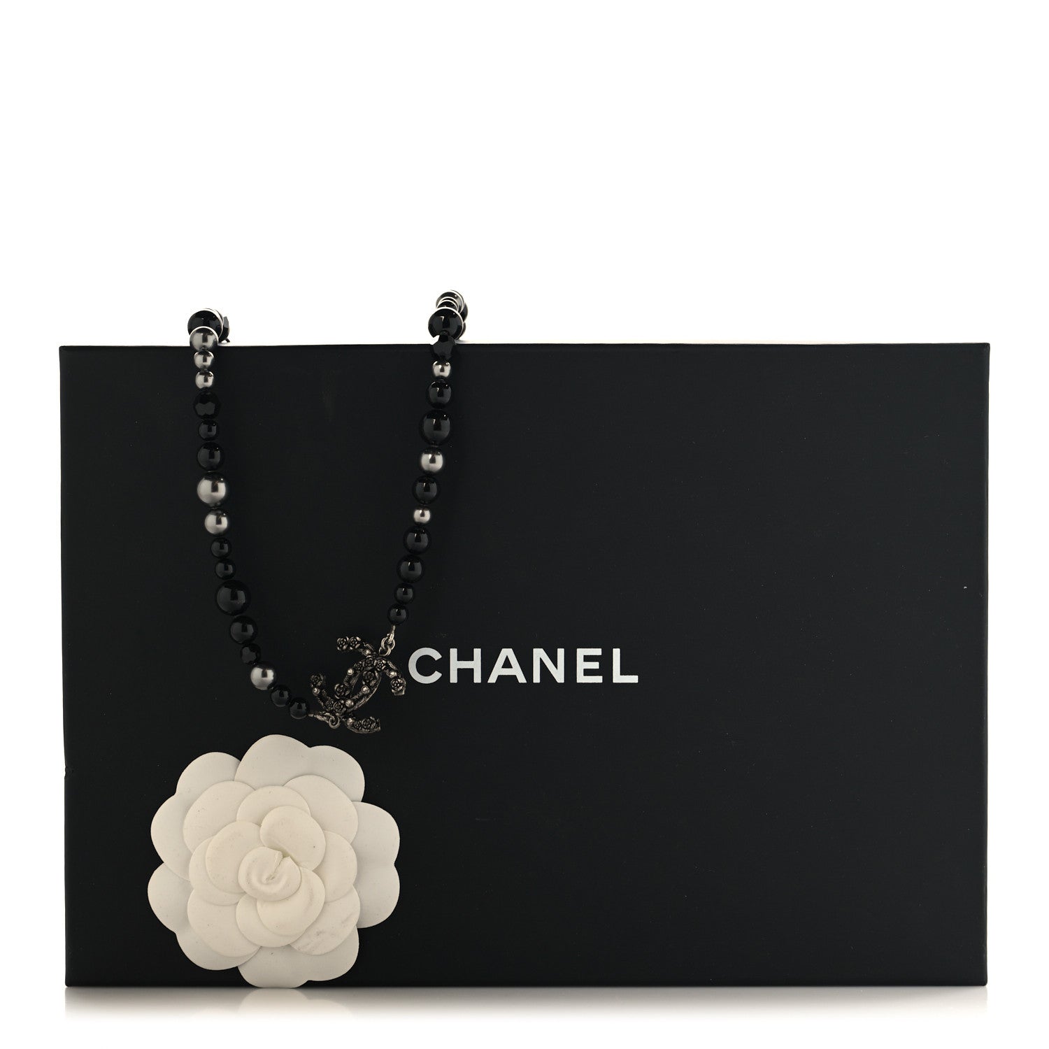 Chanel Pearl Crystal CC Camellia Necklace Ruthenium Black 5 of 5
