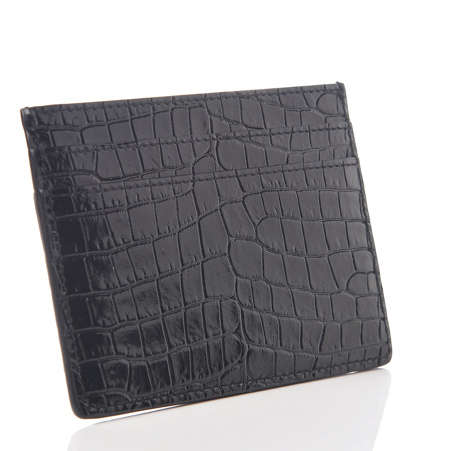 Saint Laurent Calfskin Crocodile Embossed Monogram Credit Card Case Black 2 of 6