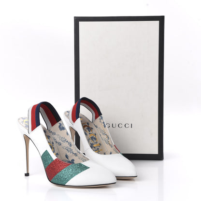 Gucci Calfskin Glitter Web High Heel Slingback Pumps 38 White 9 of 9