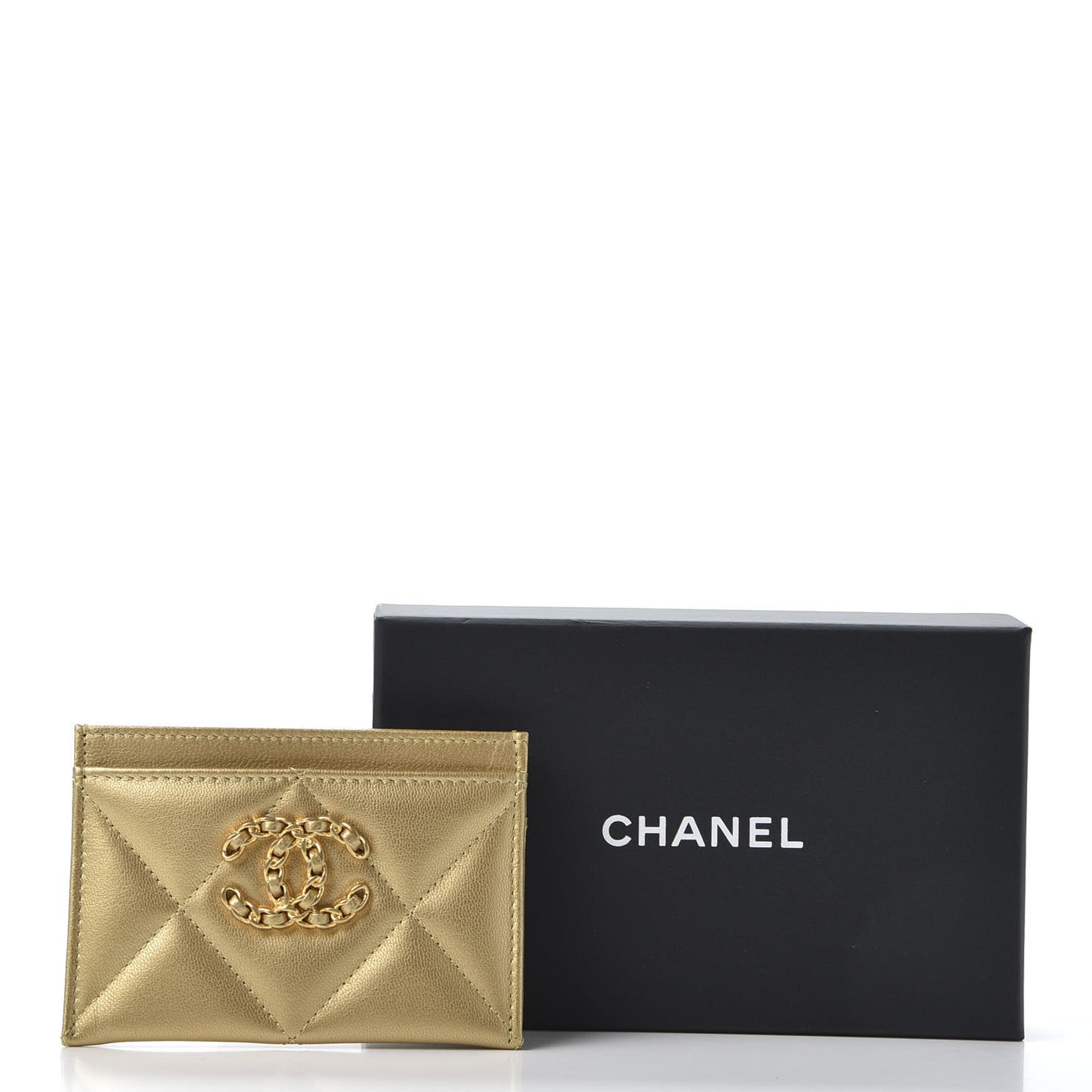 Metallic Goatskin Quilted Chanel 19 Card Holder Gold