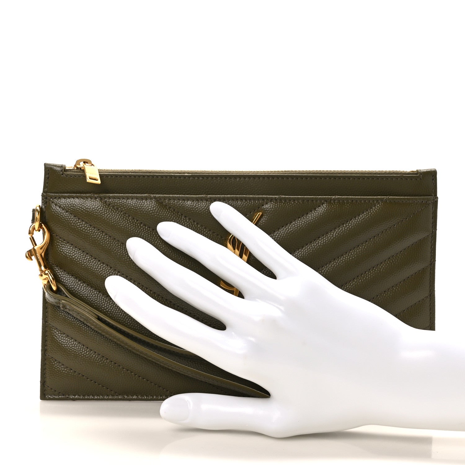 Saint Laurent Grain De Poudre Chevron Monogram Large Bill Pouch Light Sage 2 of 8