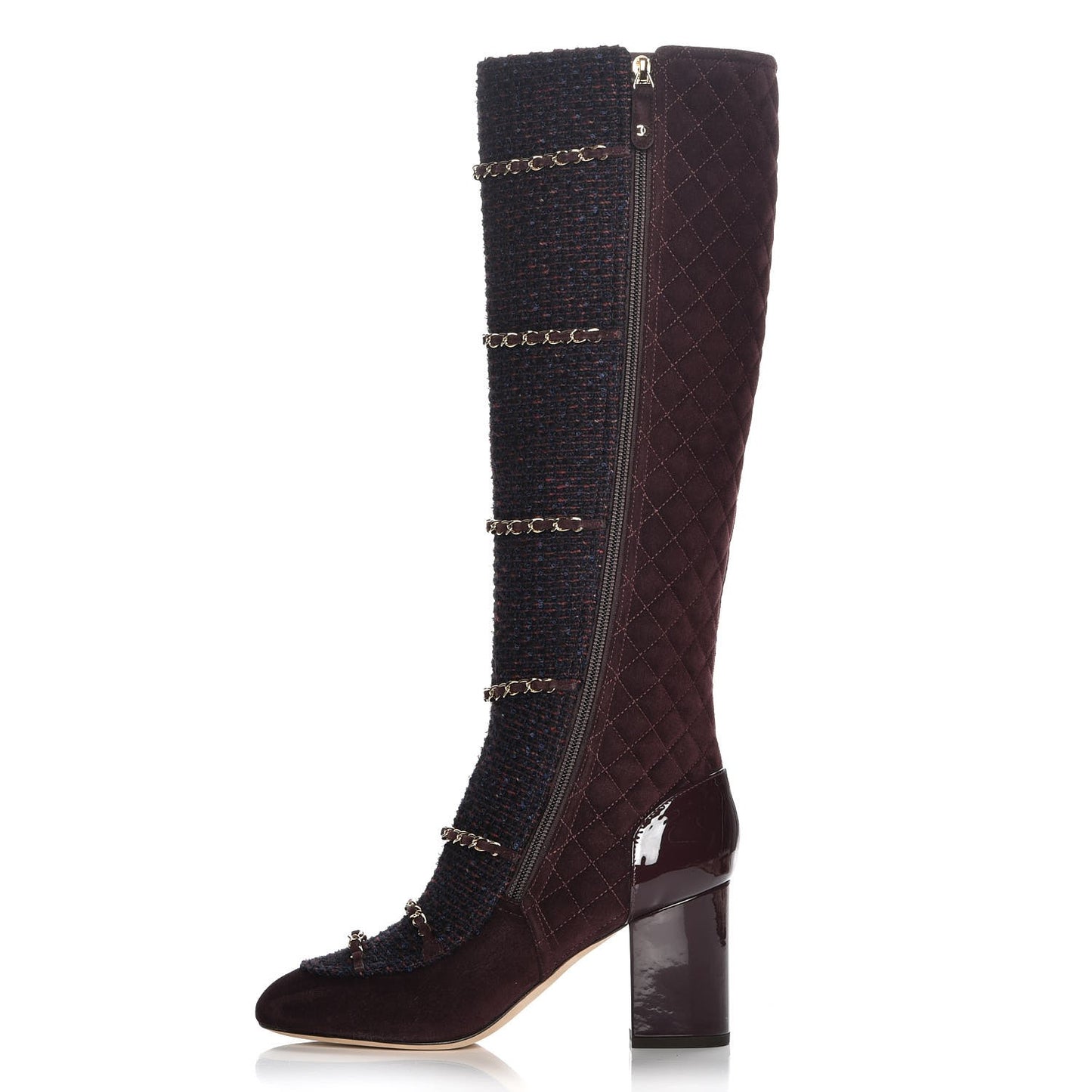 Suede Tweed Patent Quilted Zip Knee High Boots 39.5 Black Navy Burgundy