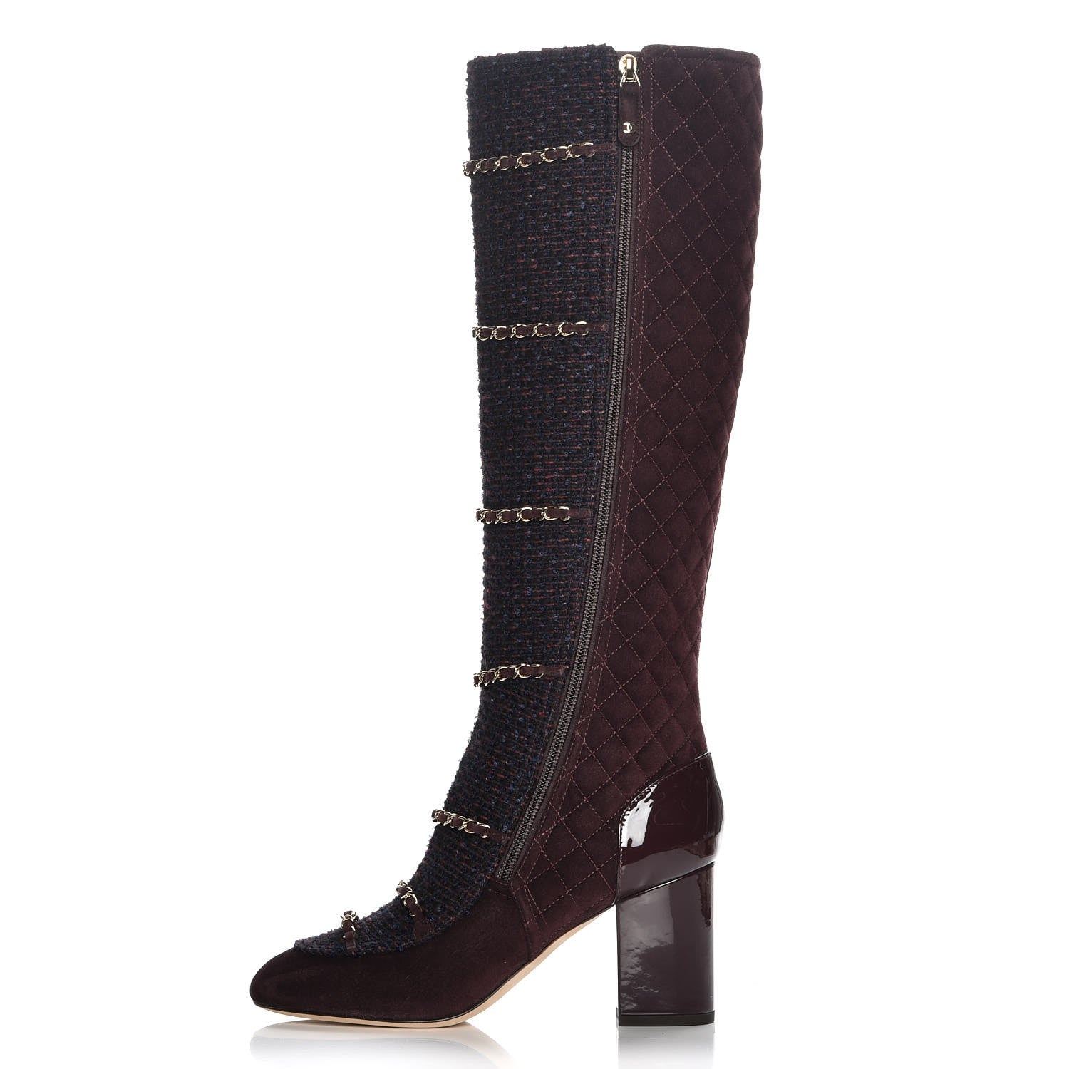 Chanel Suede Tweed Patent Quilted Zip Knee High Boots 39.5 Black Navy Burgundy 1 of 12
