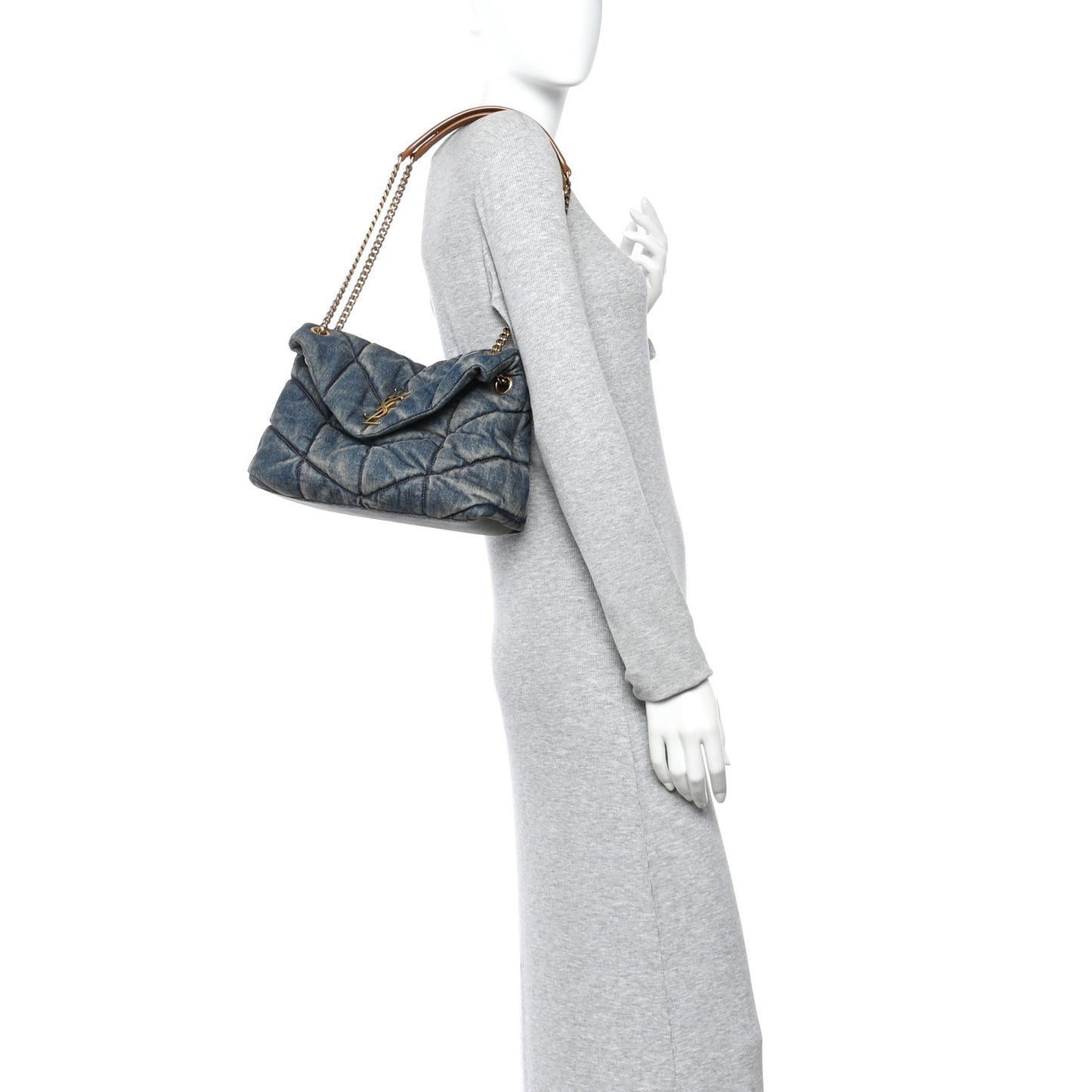 Denim Quilted Small Loulou Puffer Monogram Chain Satchel Blue Cinnamon