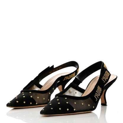 Christian Dior Mesh Plumetis Suede Dotted Studded J'Adoir Slingback 65mm Pumps 39 Black Gold 3 of 10