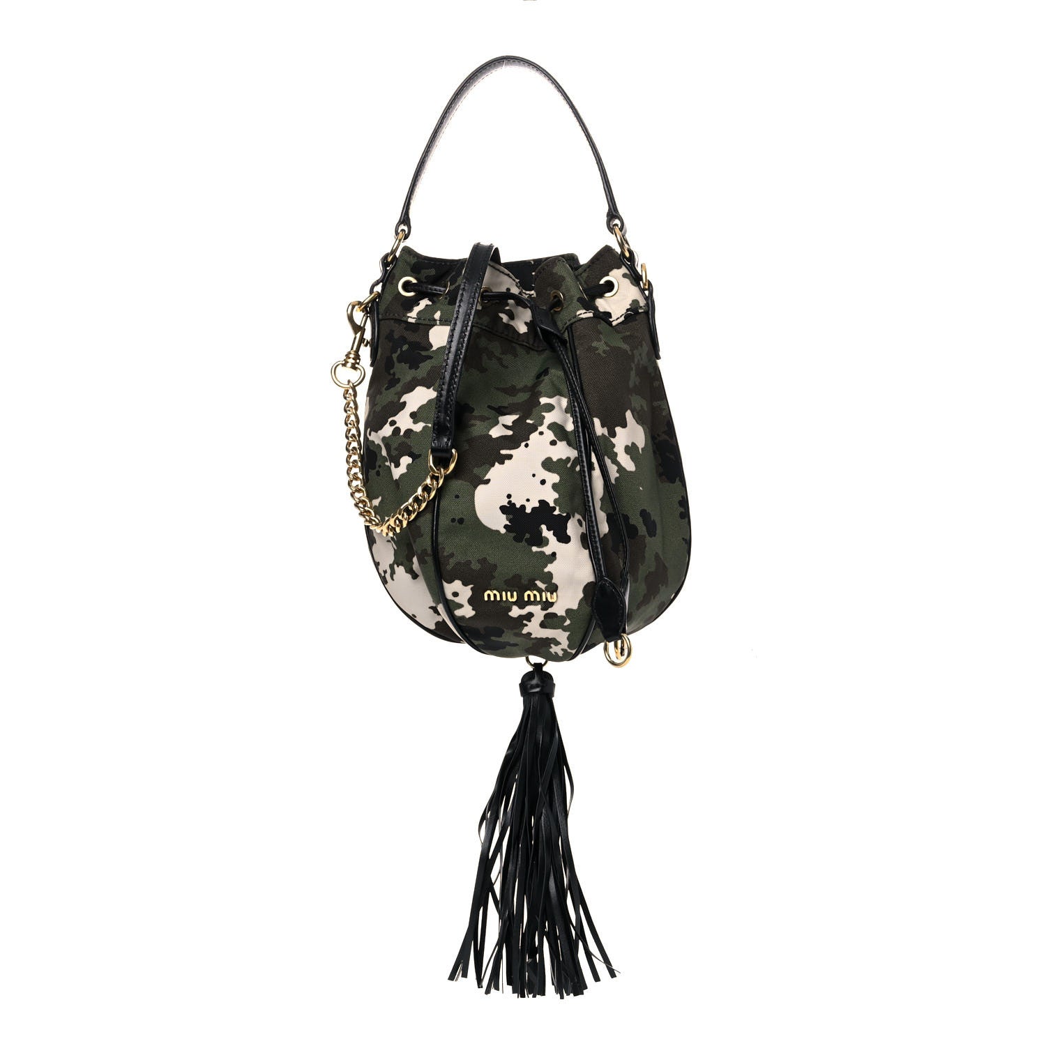 Miu Miu Canvas Calfskin Camo Print Drawstring Bucket Bag 1 of 9