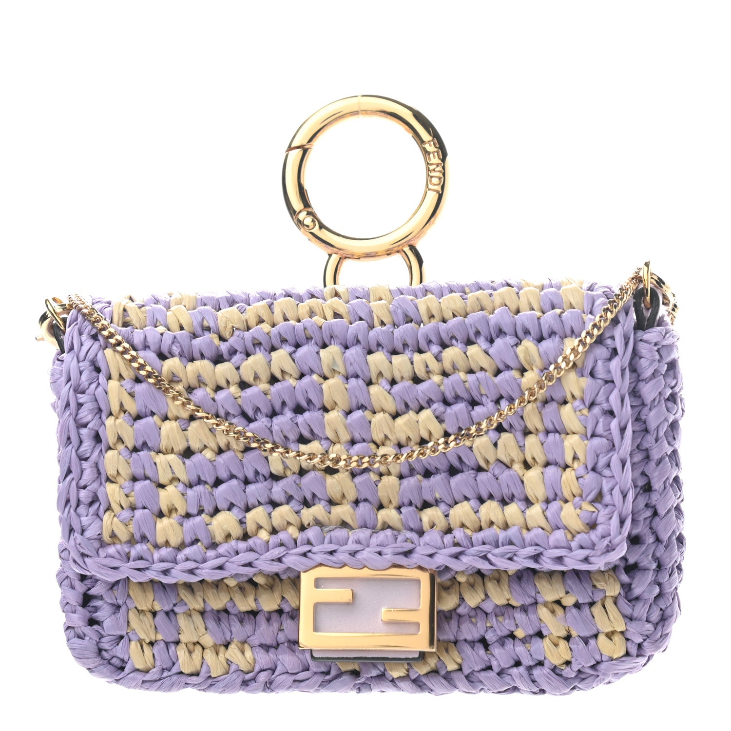 Fendi Raffia Vitello Seta FF Woven Nano Baguette Charm Anemone Natural 1 of 9