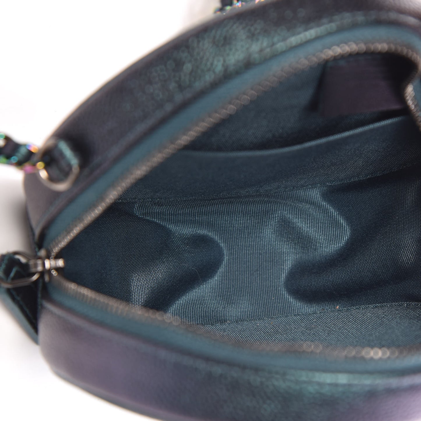 Iridescent Caviar Quilted Round Filigree Crossbody Dark Turquoise