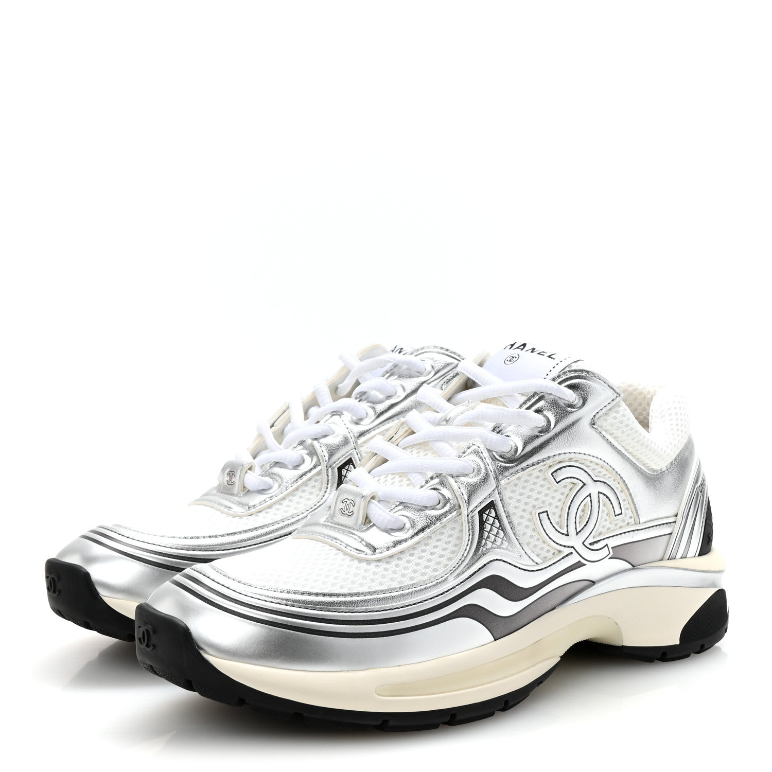 Chanel Fabric Laminated Calfskin Stretch CC Womens Sneakers 38.5 Ivory White Silver 4 of 10