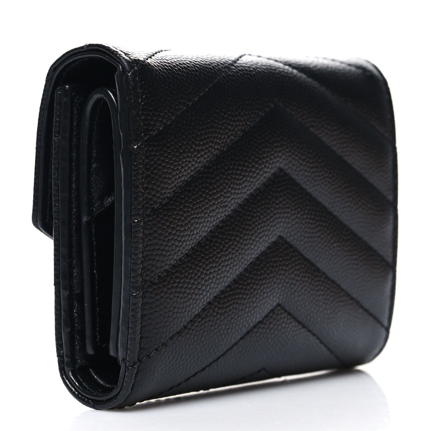Saint Laurent Grain De Poudre Matelasse Chevron Monogram Compact Tri Fold Wallet Black 3 of 13