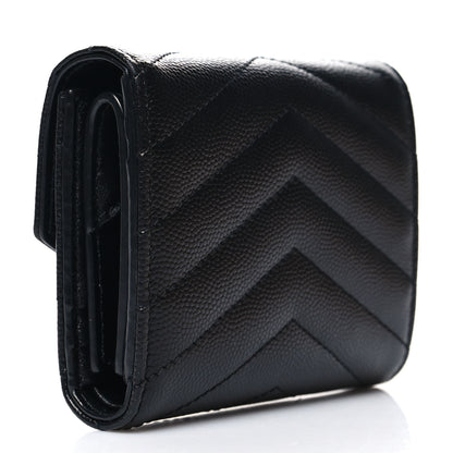 Saint Laurent Grain De Poudre Matelasse Chevron Monogram Compact Tri Fold Wallet Black 3 of 13