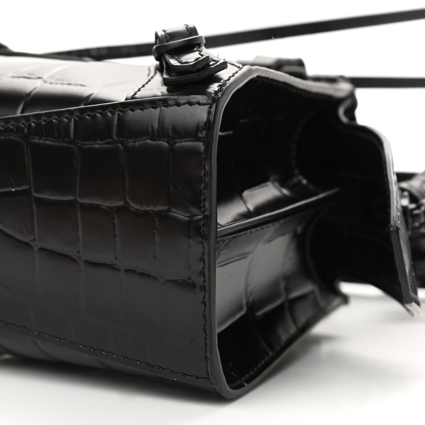 Semi Shiny Calfskin Crocodile Embossed Neo Classic Black Hardware Nano City Crossbody Black