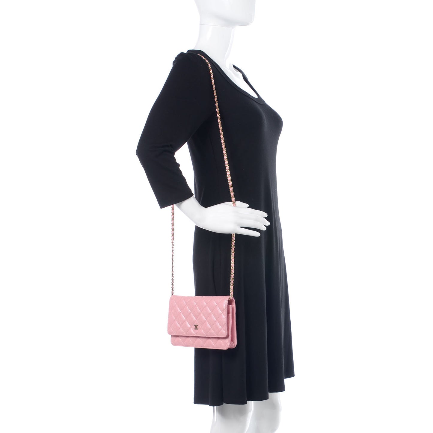 Iridescent Caviar Quilted Wallet on Chain WOC Rose Pink