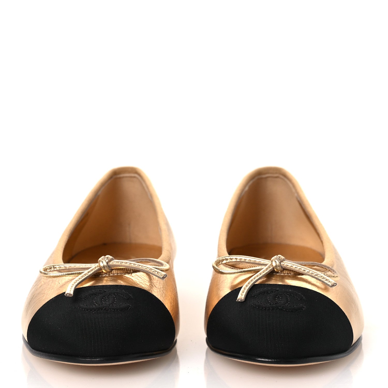 Chanel Laminated Crumpled Lambskin Grosgrain Cap Toe CC Ballerina Flats 37.5 Gold Black 3 of 12
