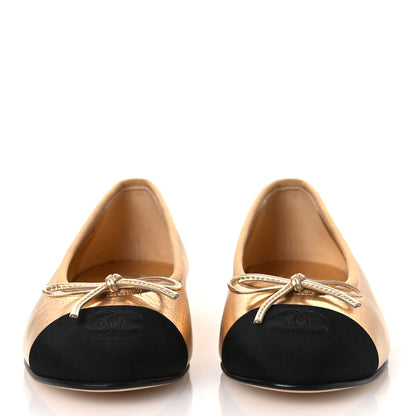 Chanel Laminated Crumpled Lambskin Grosgrain Cap Toe CC Ballerina Flats 37.5 Gold Black 3 of 12