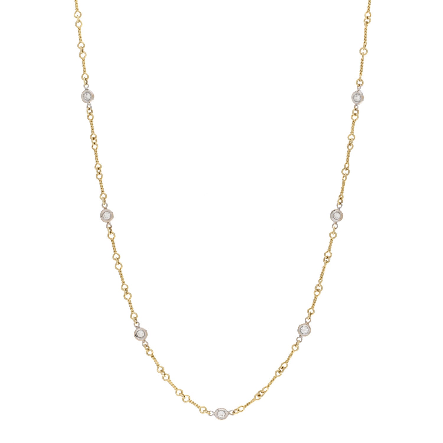Roberto Coin 18K Yellow White Gold Diamond By the Inch Seven Station Dog Bone Necklace 1 of 5