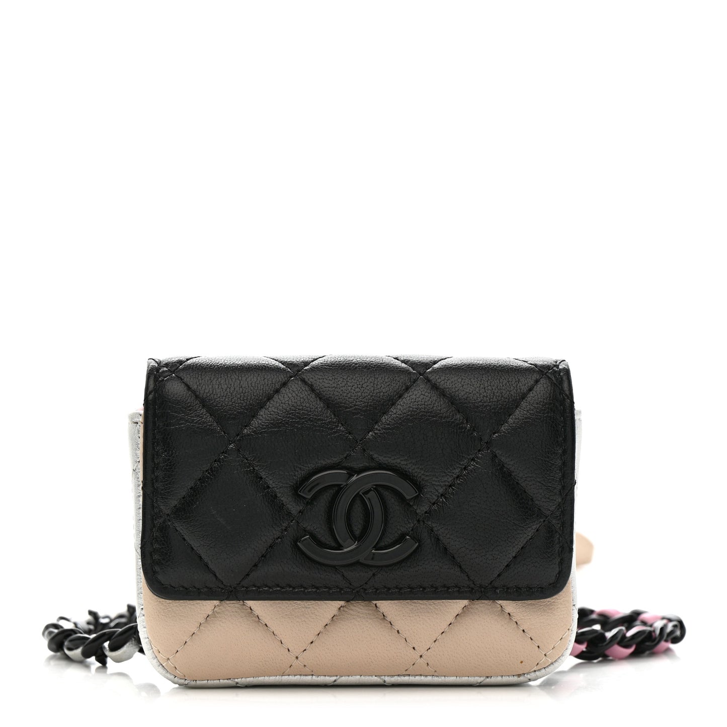 Lambskin Quilted Mini Chain Belt Bag Black Beige Multicolor