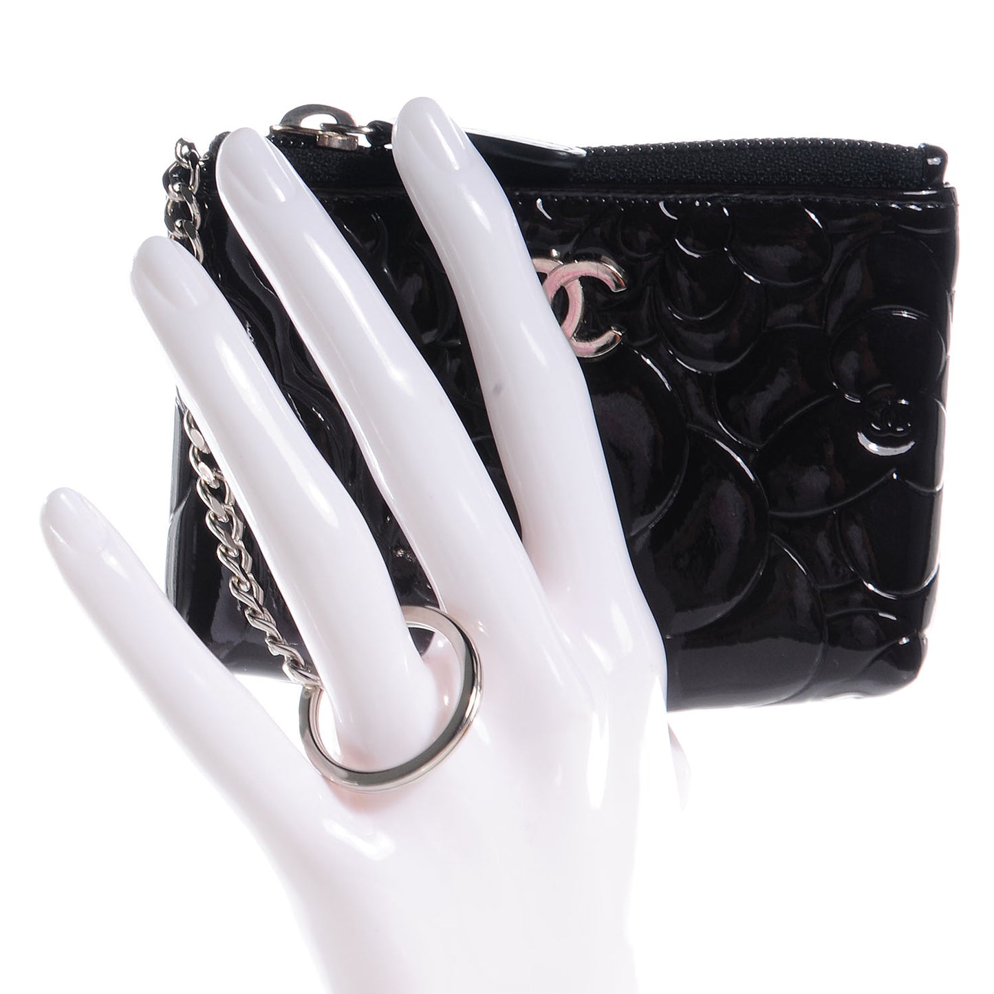 Patent Leather Camellia Embossed Key Holder Case Black