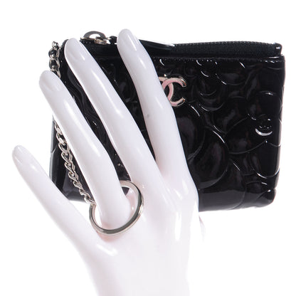 Chanel Patent Leather Camellia Embossed Key Holder Case Black 2 of 8