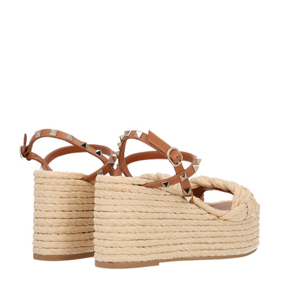 Valentino Garavani Calfskin Raffia Braided Rockstud Ankle Strap Espadrille 95mm Wedge Sandals 37 Almond Beige Naturale 5 of 9