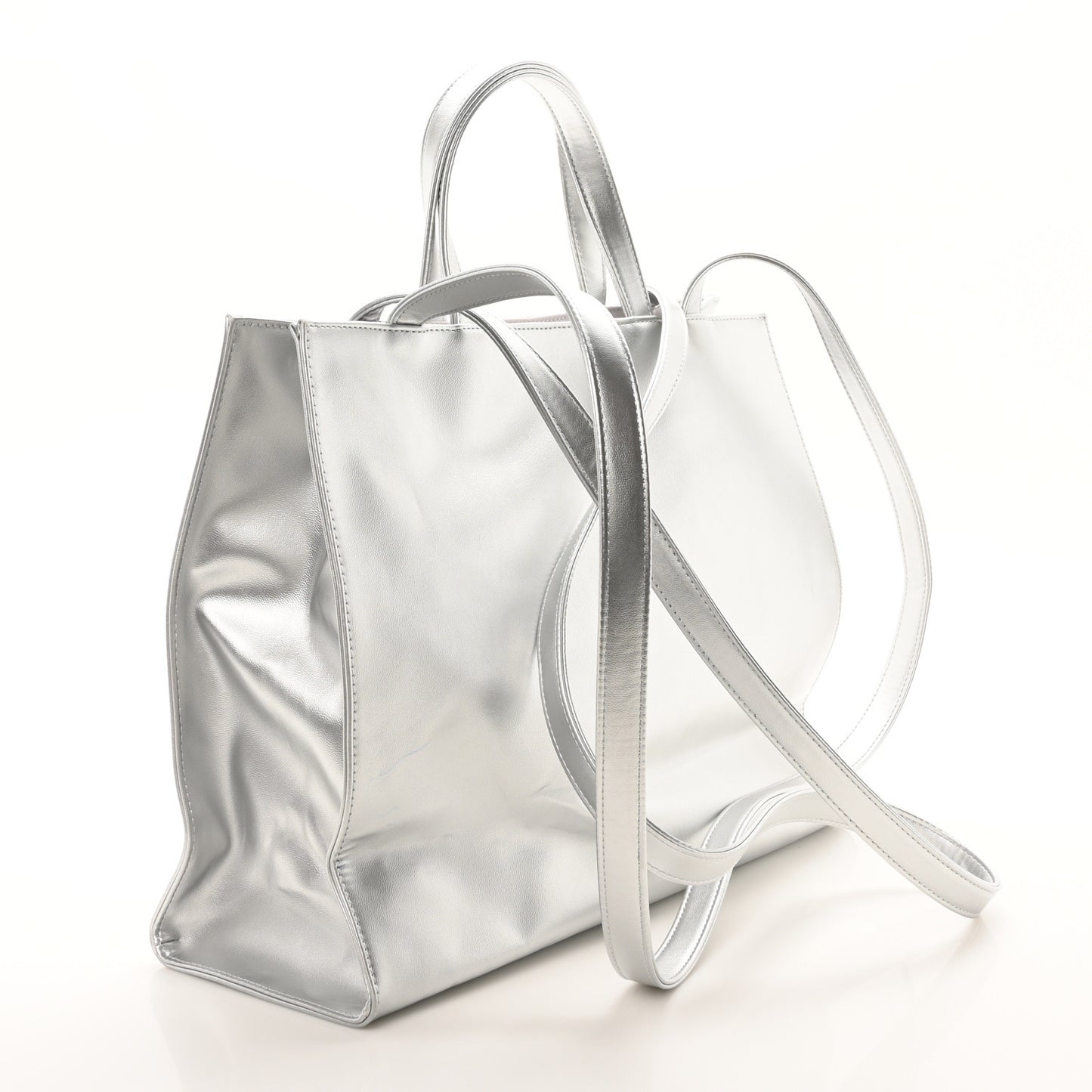 Metallic Vegan Leather Medium Shopping Bag Silver