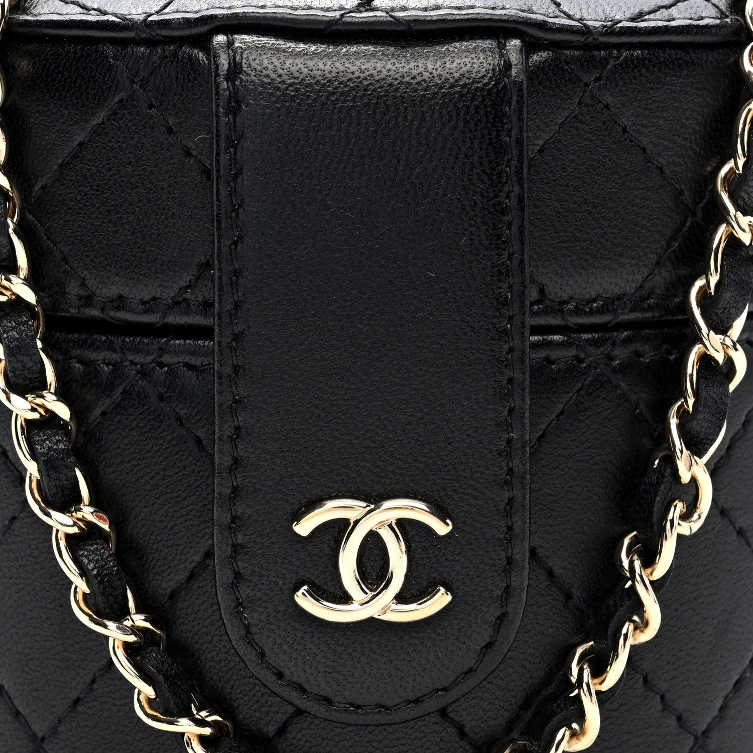 Chanel Lambskin Quilted Mini Round Vanity Case With Chain Black 9 of 11