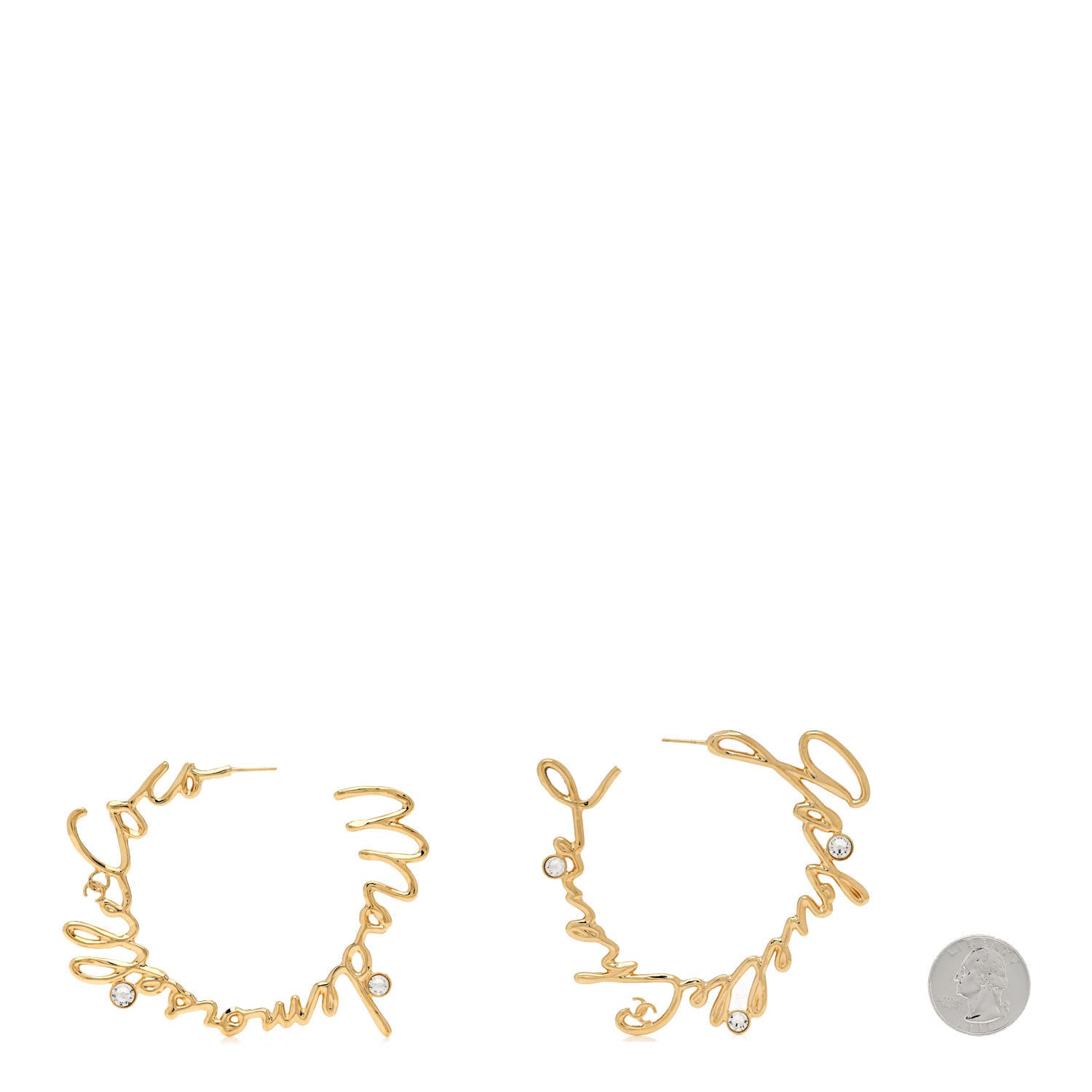 Chanel Crystal CC Script Hoop Earrings Gold 2 of 4