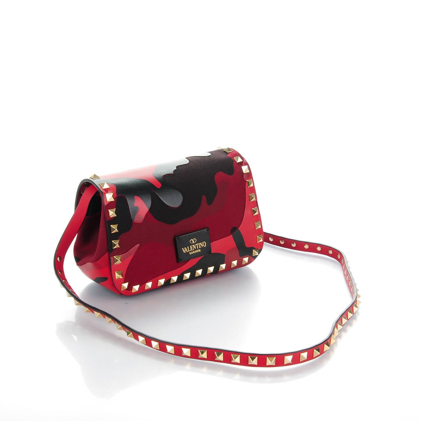 Nappa Canvas Camouflage Mini Rockstud Flap Saddle Crossbody Bag Red